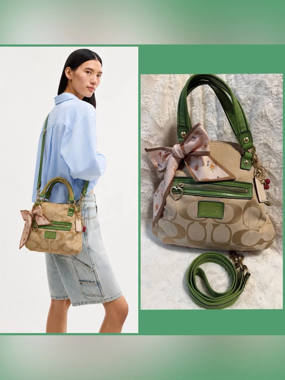 Y2K Coach Poppy Daisy Satchel beige and green double way style